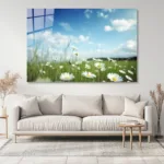 Papatya Çiçekler ve Gökyüzü Cam Tablo - Görsel 3