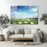 Papatya Çiçekler ve Gökyüzü Cam Tablo - Görsel 2