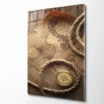 Vintage Pusula ve Eski Harita Cam Tablo