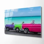 Renkli Klasik Arabalar Cam Tablo