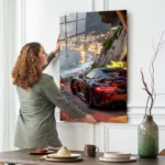 Sahil Manzarası Spor Araba Cam Tablo - Görsel 6