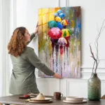 Renkli Şemsiyeler Yağlı Boya Dokulu Cam Tablo - Görsel 2