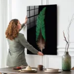 Siyah Zemin Yeşil Tüy Tasarım Cam Tablo - Görsel 2