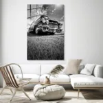 Siyah Beyaz Klasik Araba Cam Tablo - Görsel 3