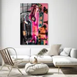 Pembe Klasik Cadillac Cam Tablo - Görsel 3