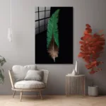 Siyah Zemin Yeşil Tüy Tasarım Cam Tablo - Görsel 6