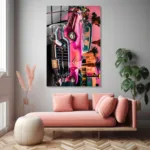 Pembe Klasik Cadillac Cam Tablo - Görsel 4