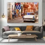 Küba Sokakları Klasik Araba Cam Tablo - Görsel 4