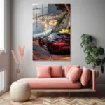 Sahil Manzarası Spor Araba Cam Tablo - Görsel 3