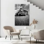 Siyah Beyaz Klasik Araba Cam Tablo - Görsel 5