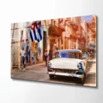 Küba Sokakları Klasik Araba Cam Tablo
