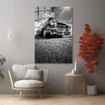 Siyah Beyaz Klasik Araba Cam Tablo - Görsel 6