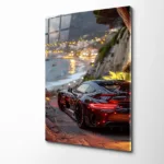 Sahil Manzarası Spor Araba Cam Tablo