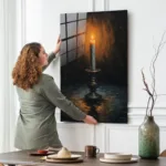 Mistik Işık: Antik Şamdan ve Yanan Mum Tasarım Cam Tablo - Görsel 2