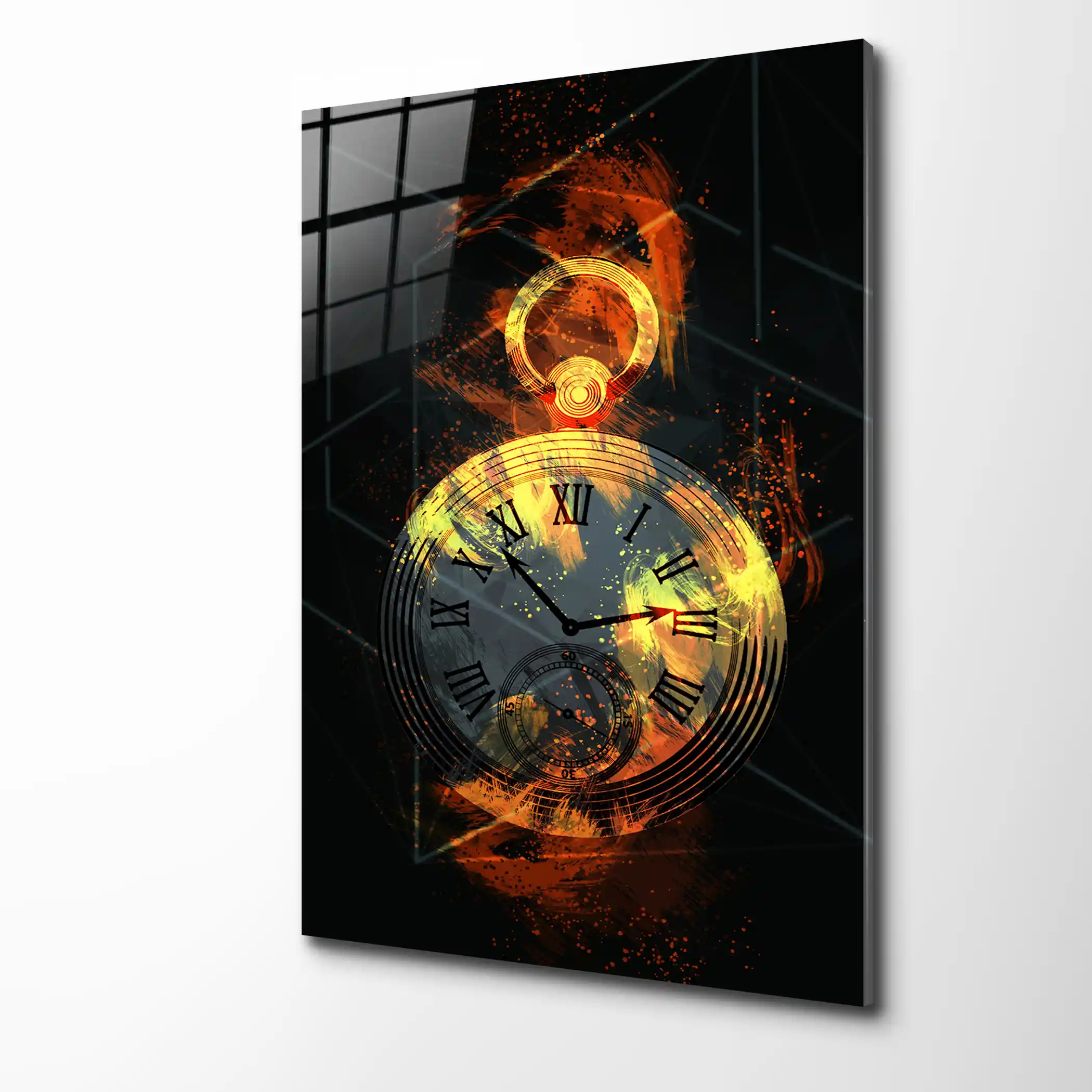 tasarim-cam Alevlerin Ritmi: Soyut Köstekli Saat Tasarım Cam Tablo - Görsel 1