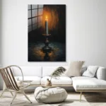 Mistik Işık: Antik Şamdan ve Yanan Mum Tasarım Cam Tablo - Görsel 3