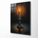 Mistik Işık: Antik Şamdan ve Yanan Mum Tasarım Cam Tablo