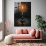 Mistik Işık: Antik Şamdan ve Yanan Mum Tasarım Cam Tablo - Görsel 4