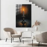 Mistik Işık: Antik Şamdan ve Yanan Mum Tasarım Cam Tablo - Görsel 5