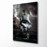 Fırtınalı Denizde Yelkenli Gemi Tasarım Cam Tablo